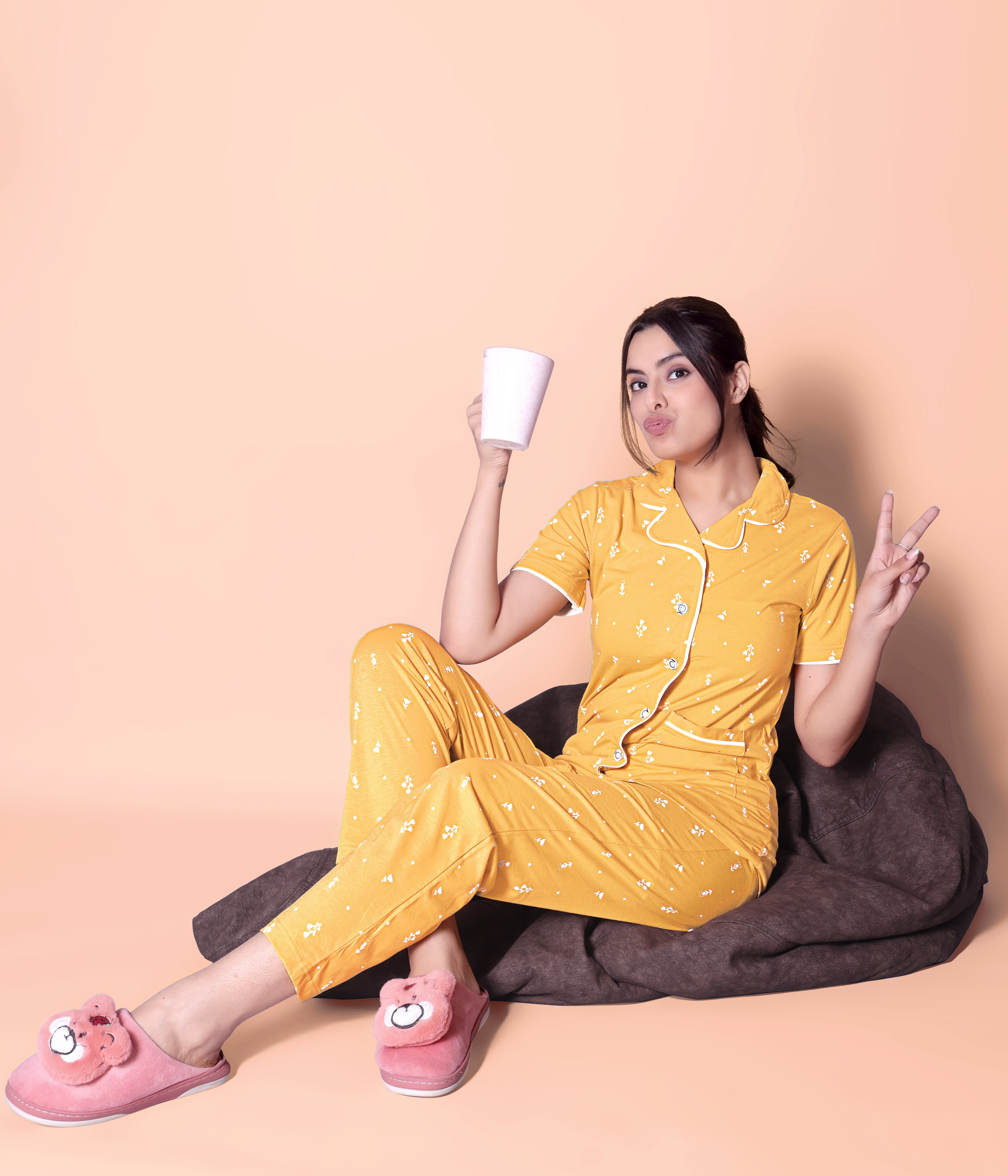 Mango Foliage design Button Down Night-Suit Set (MTF2v09)