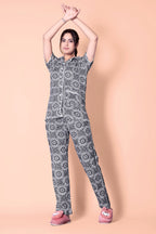 Black-White Motifs design Button Down Night Suit Set (MTF2v10)