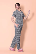Black-White Motifs design Button Down Night Suit Set (MTF2v10)