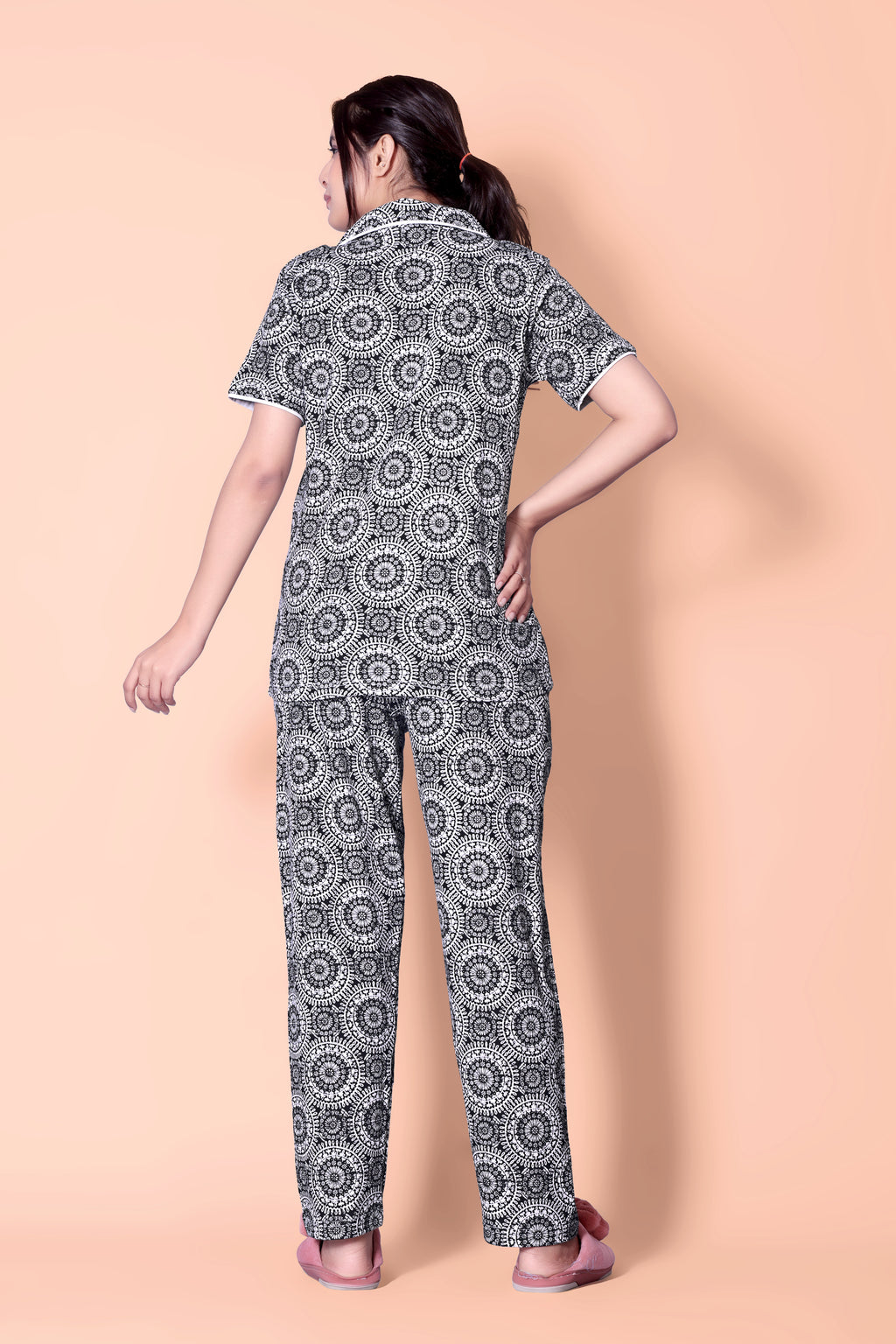 Black-White Motifs design Button Down Night Suit Set (MTF2v10)