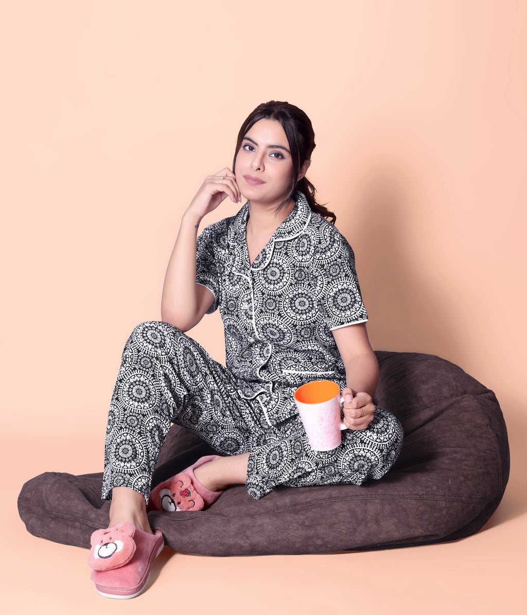 Black-White Motifs design Button Down Night Suit Set (MTF2v10)