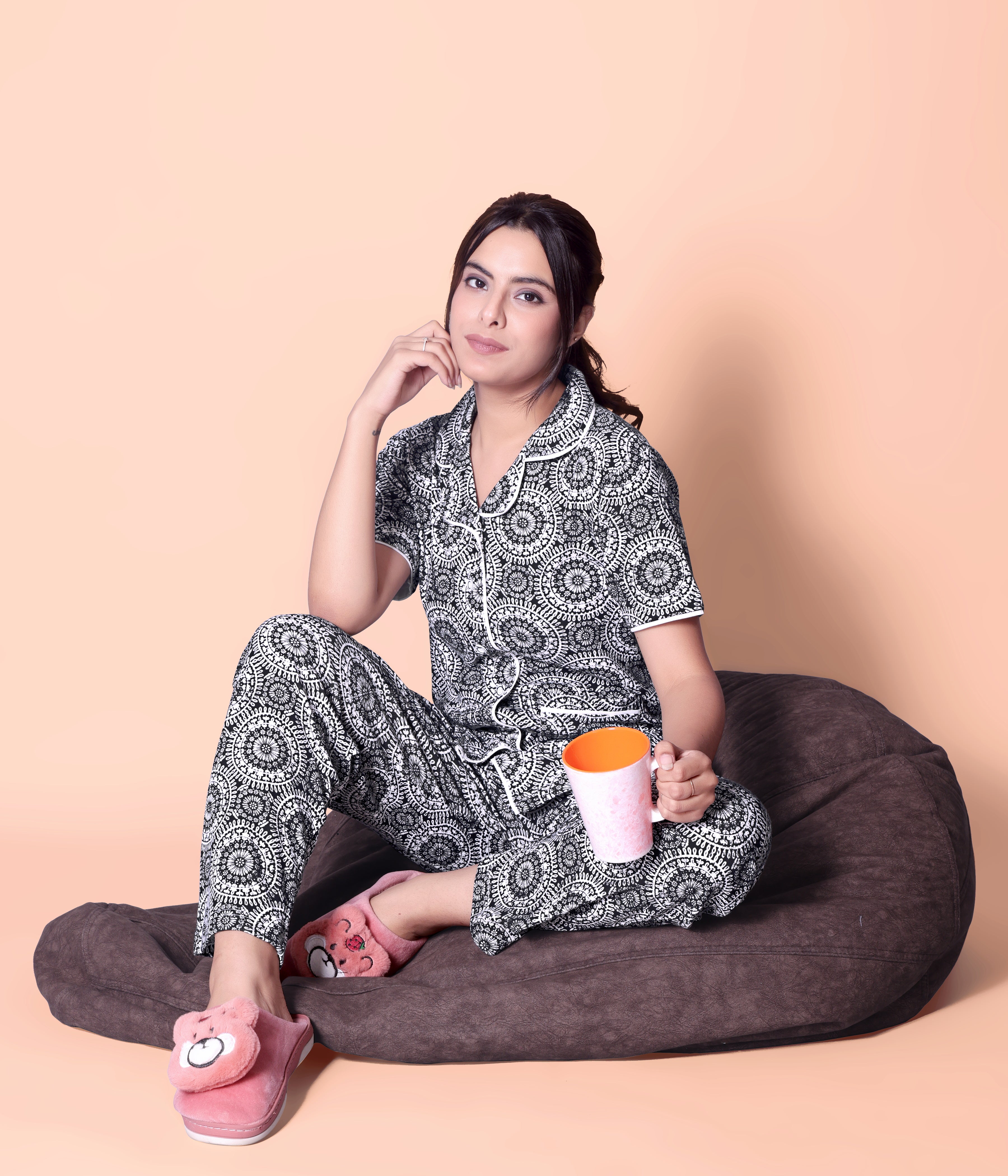 Black-White Motifs design Button Down Night Suit Set (MTF2v10)