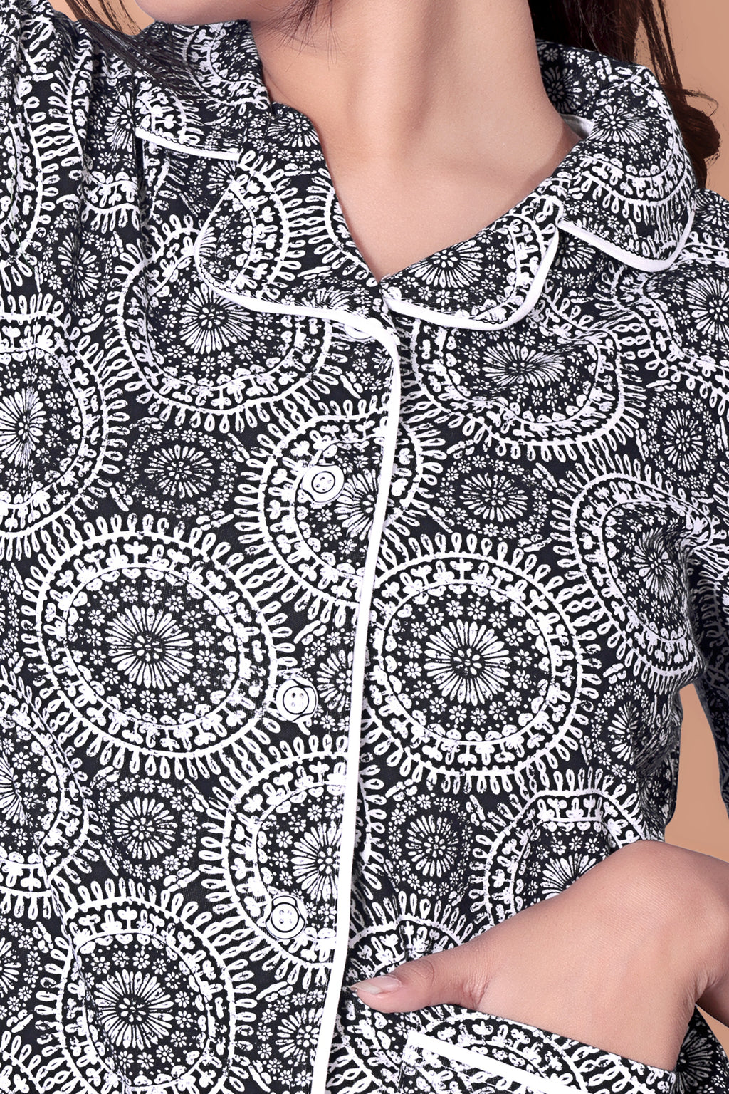 Black-White Motifs design Button Down Night Suit Set (MTF2v10)