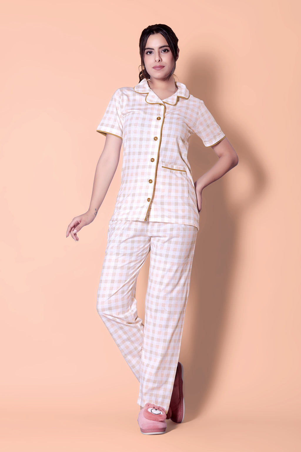 Peach-White Tartans Design Button Down Night Suit Set (MTF2v08)