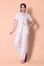 Peach-White Tartans Design Button Down Night Suit Set (MTF2v08)