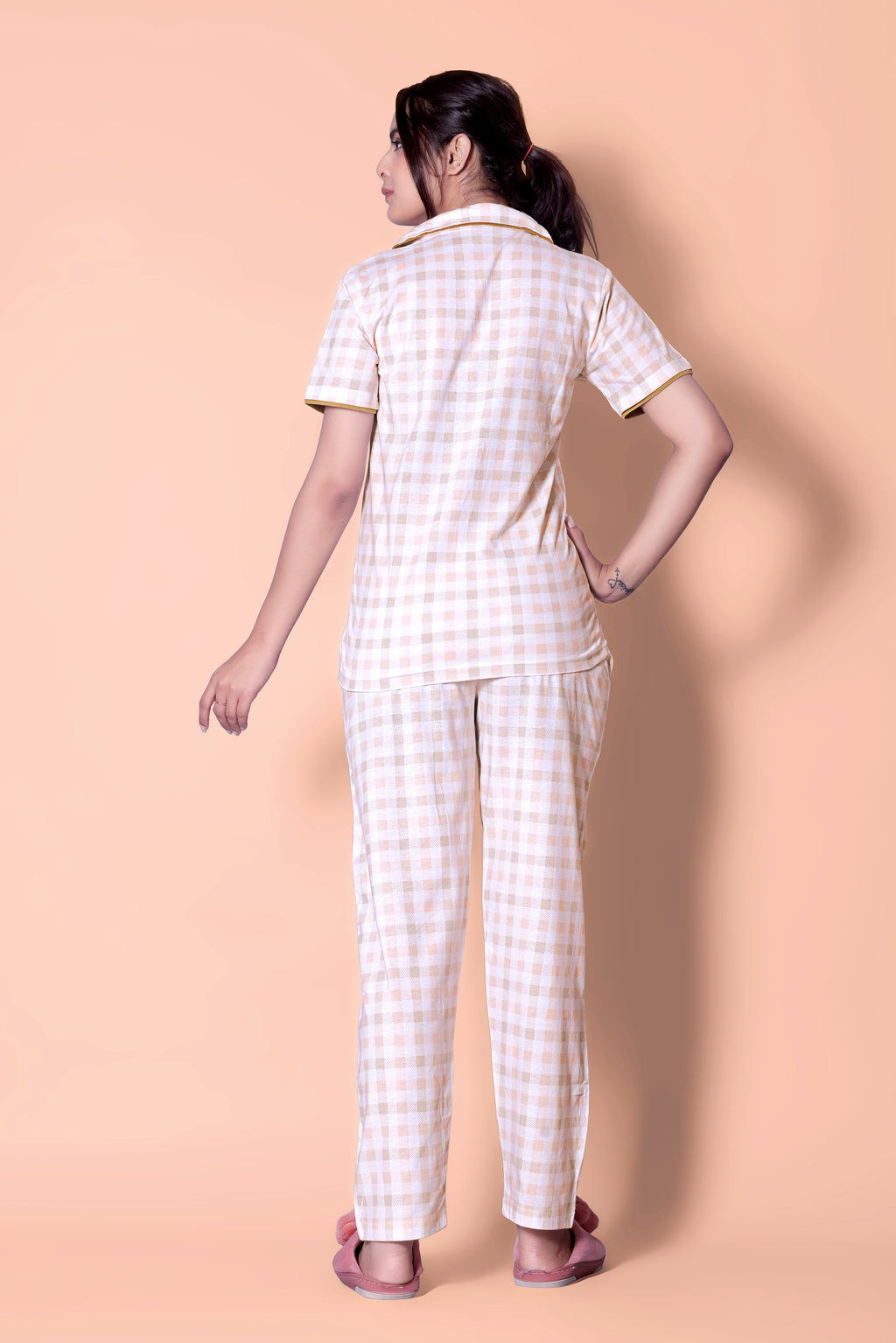 Peach-White Tartans Design Button Down Night Suit Set (MTF2v08)