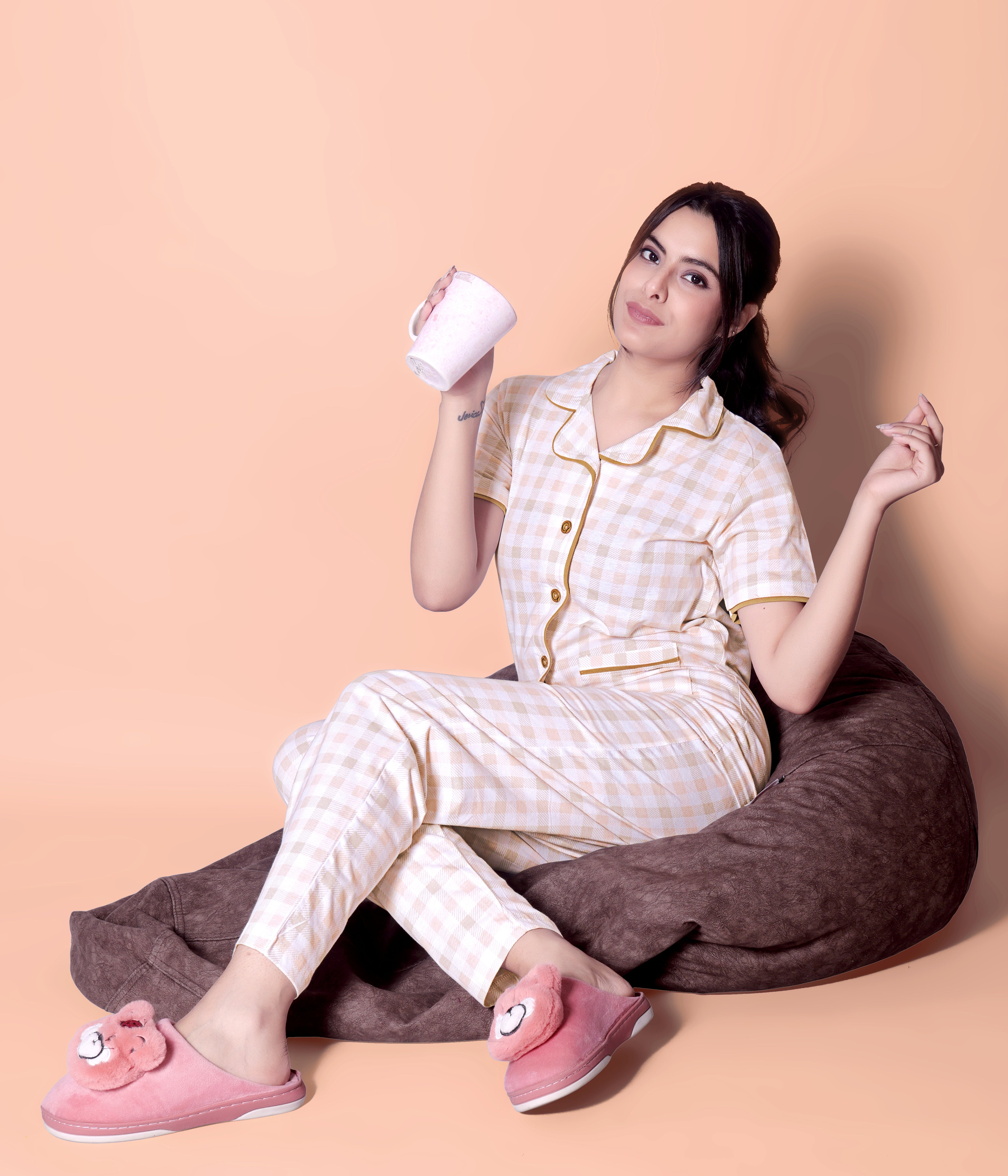 Peach-White Tartans Design Button Down Night Suit Set (MTF2v08)