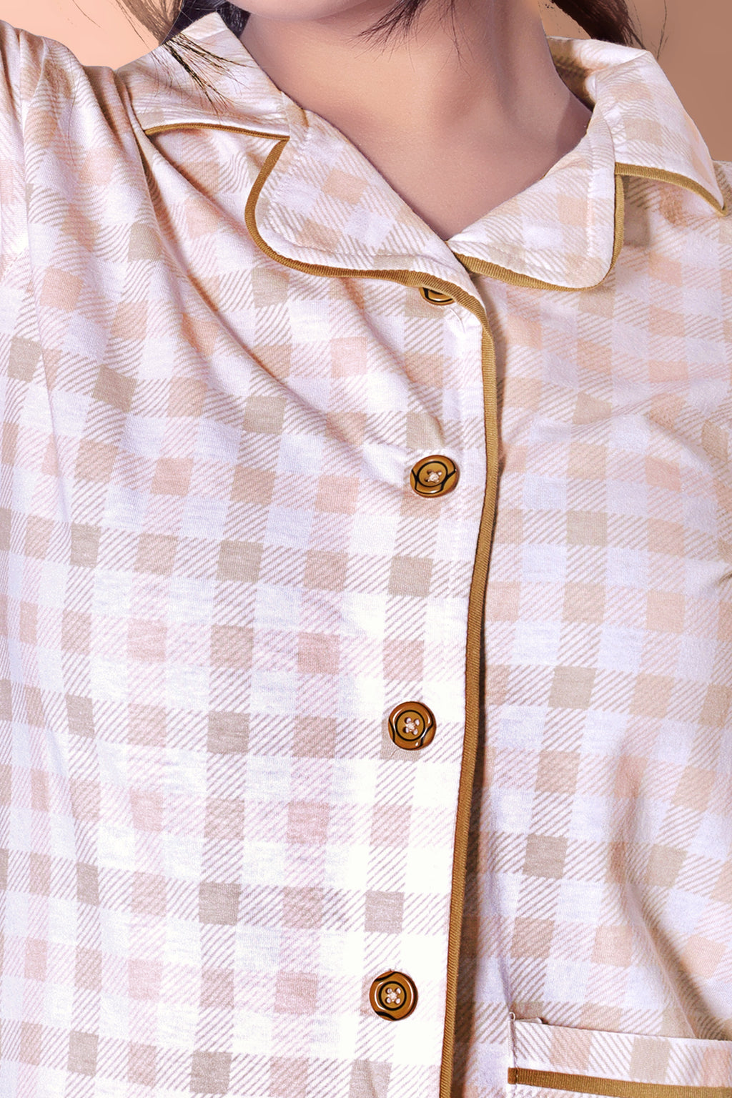 Peach-White Tartans Design Button Down Night Suit Set (MTF2v08)