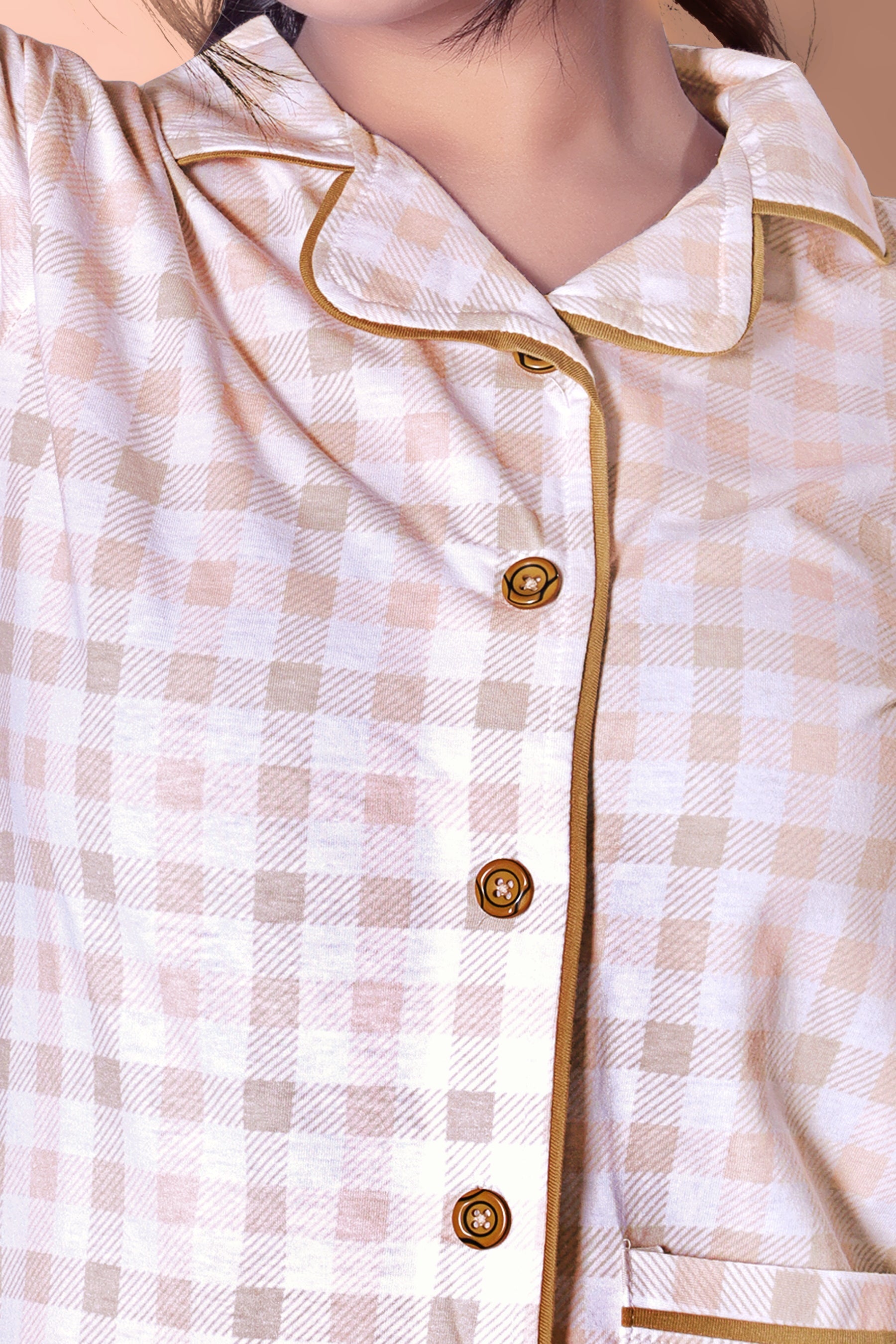 Peach-White Tartans Design Button Down Night Suit Set (MTF2v08)