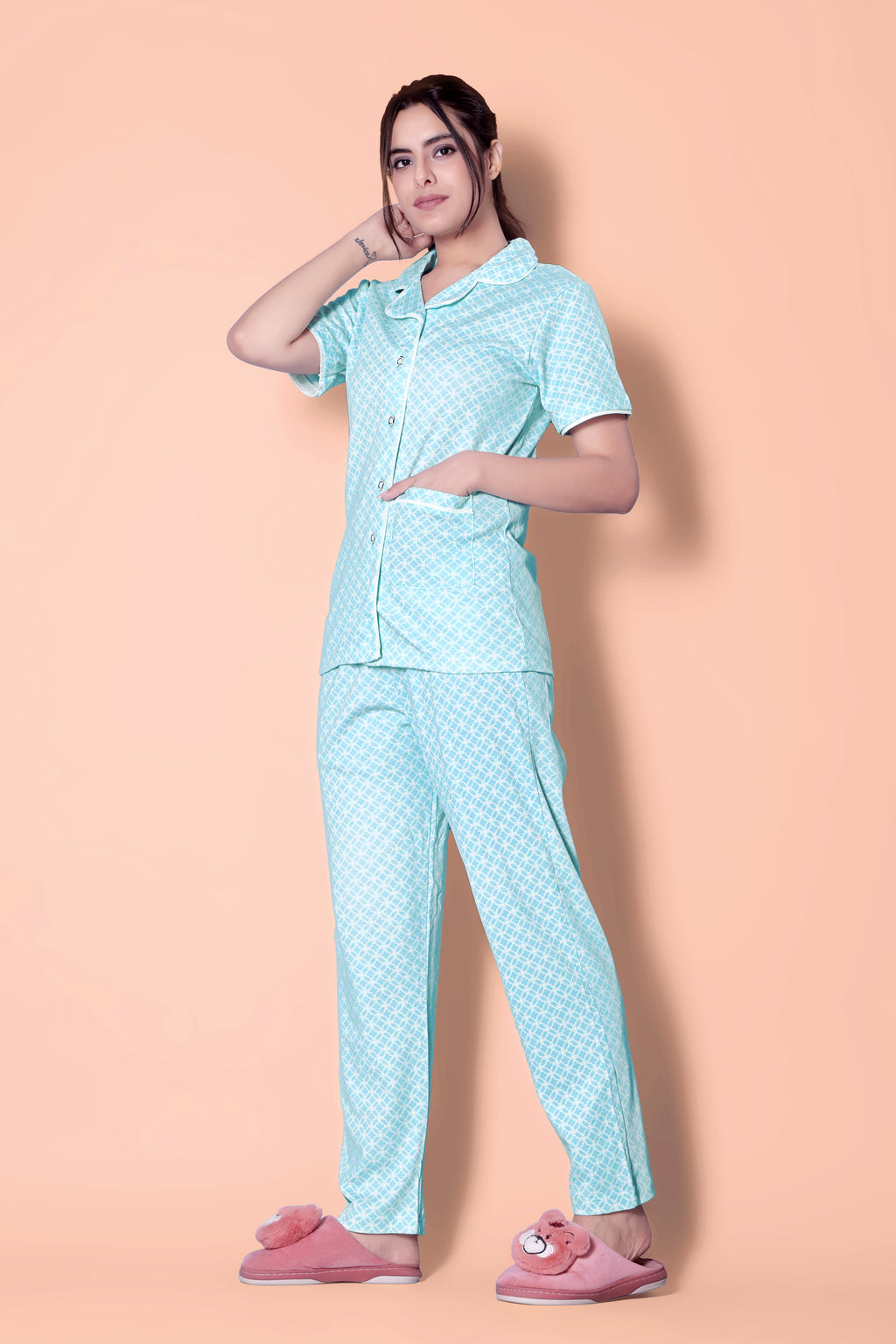 Sea green reverse moroccan tile print Button Down Night-Suit Set (MTF2v05)