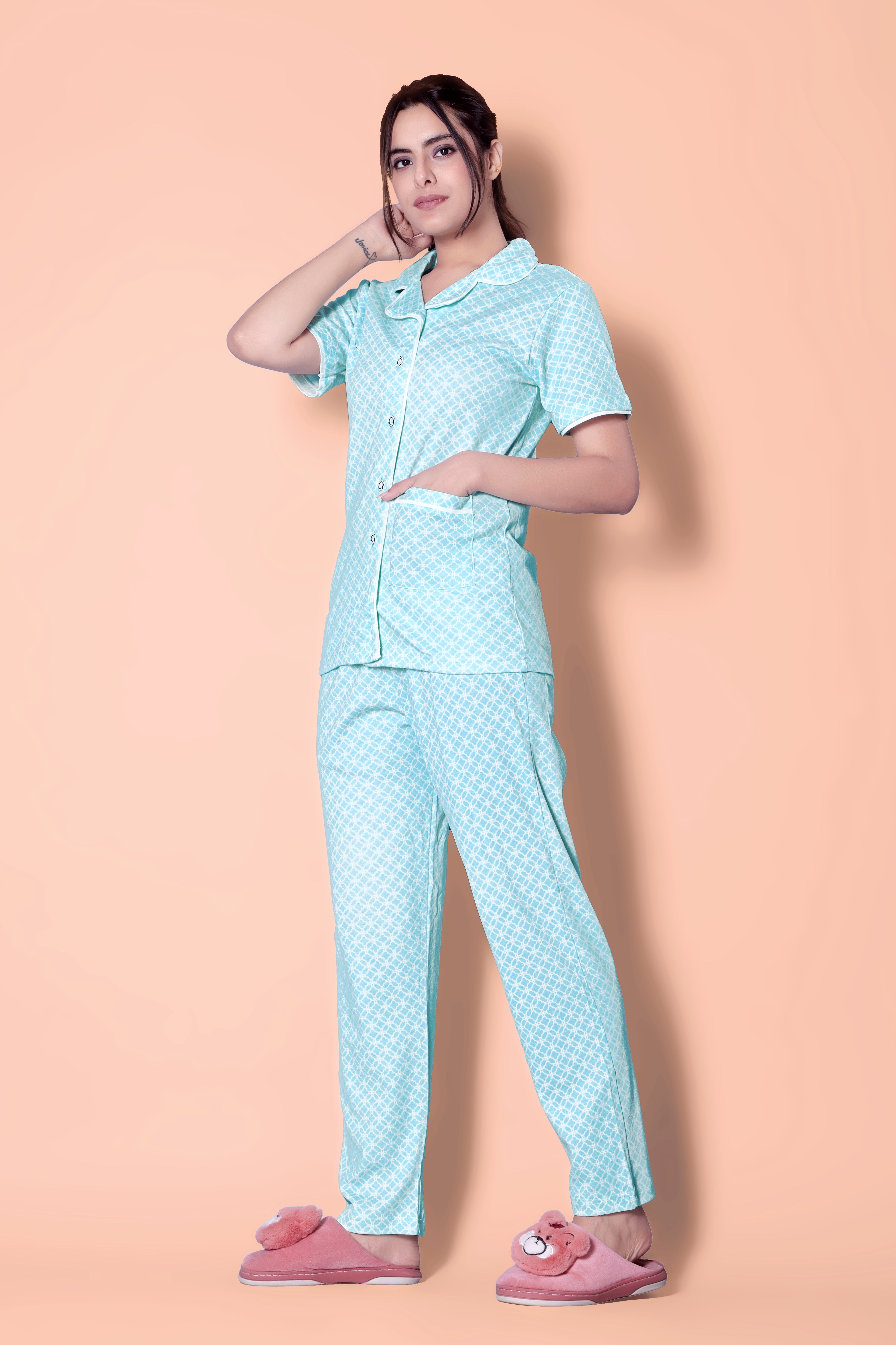 Sea green reverse moroccan tile print Button Down Night-Suit Set (MTF2v05)
