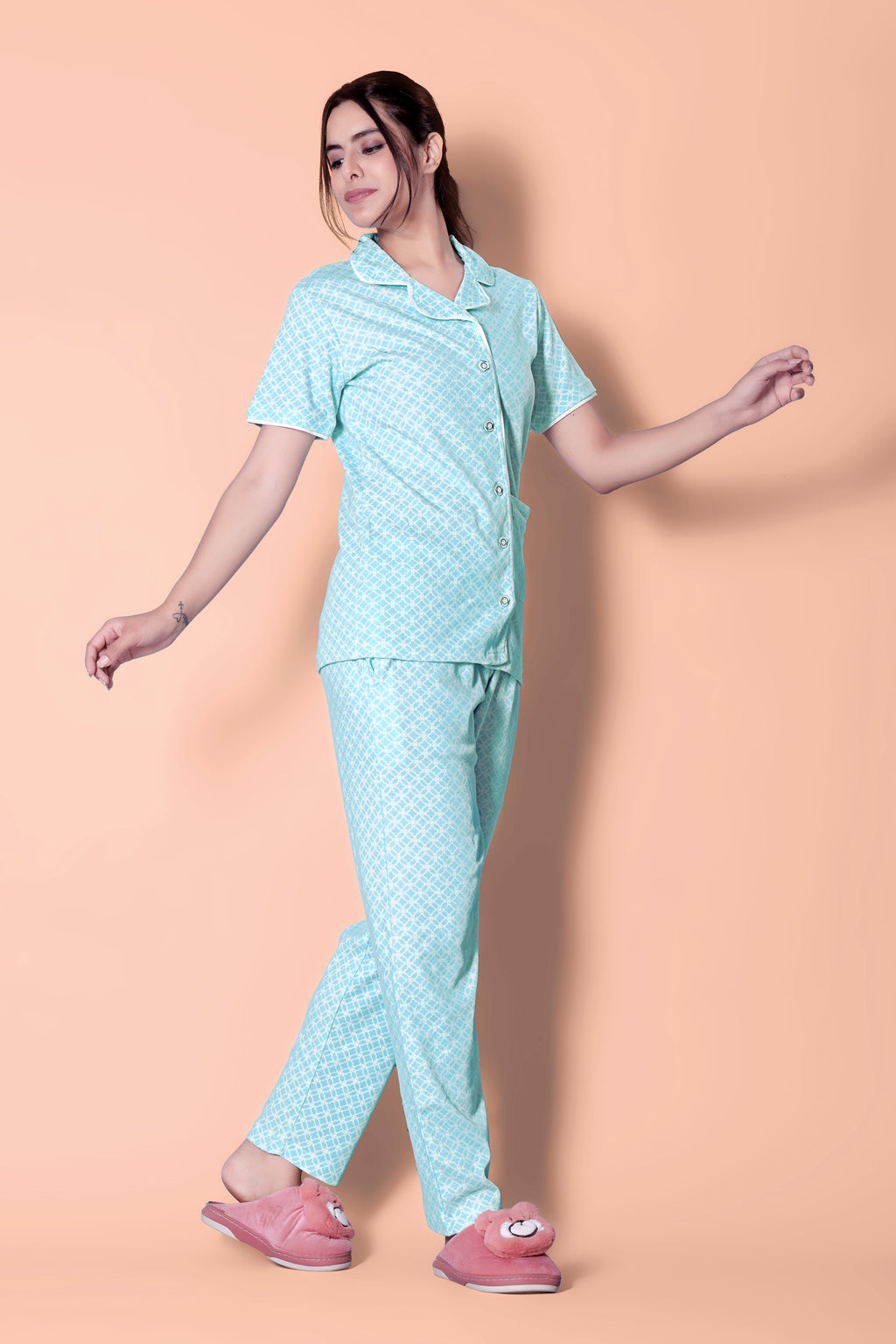 Sea green reverse moroccan tile print Button Down Night-Suit Set (MTF2v05)