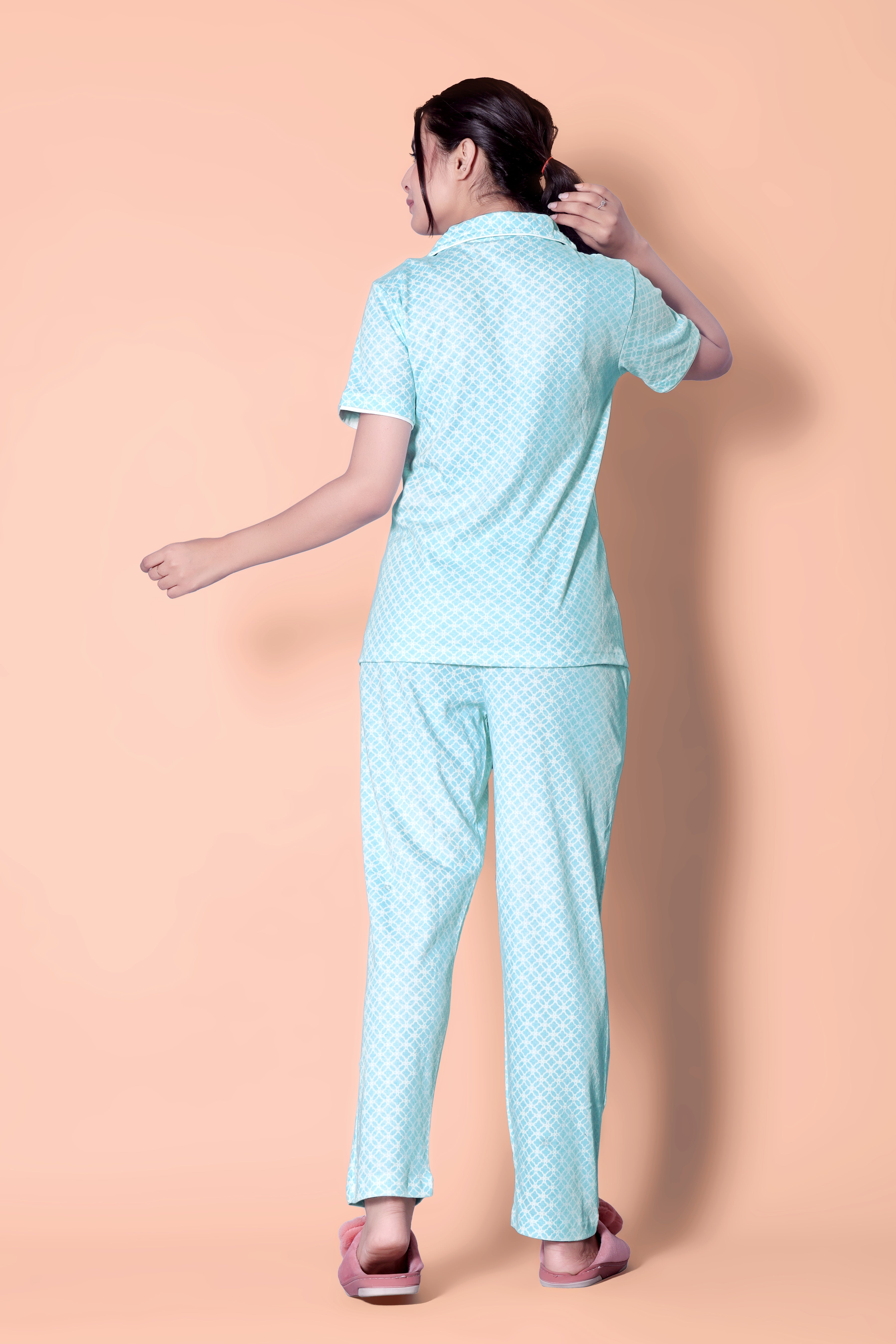 Sea green reverse moroccan tile print Button Down Night-Suit Set (MTF2v05)