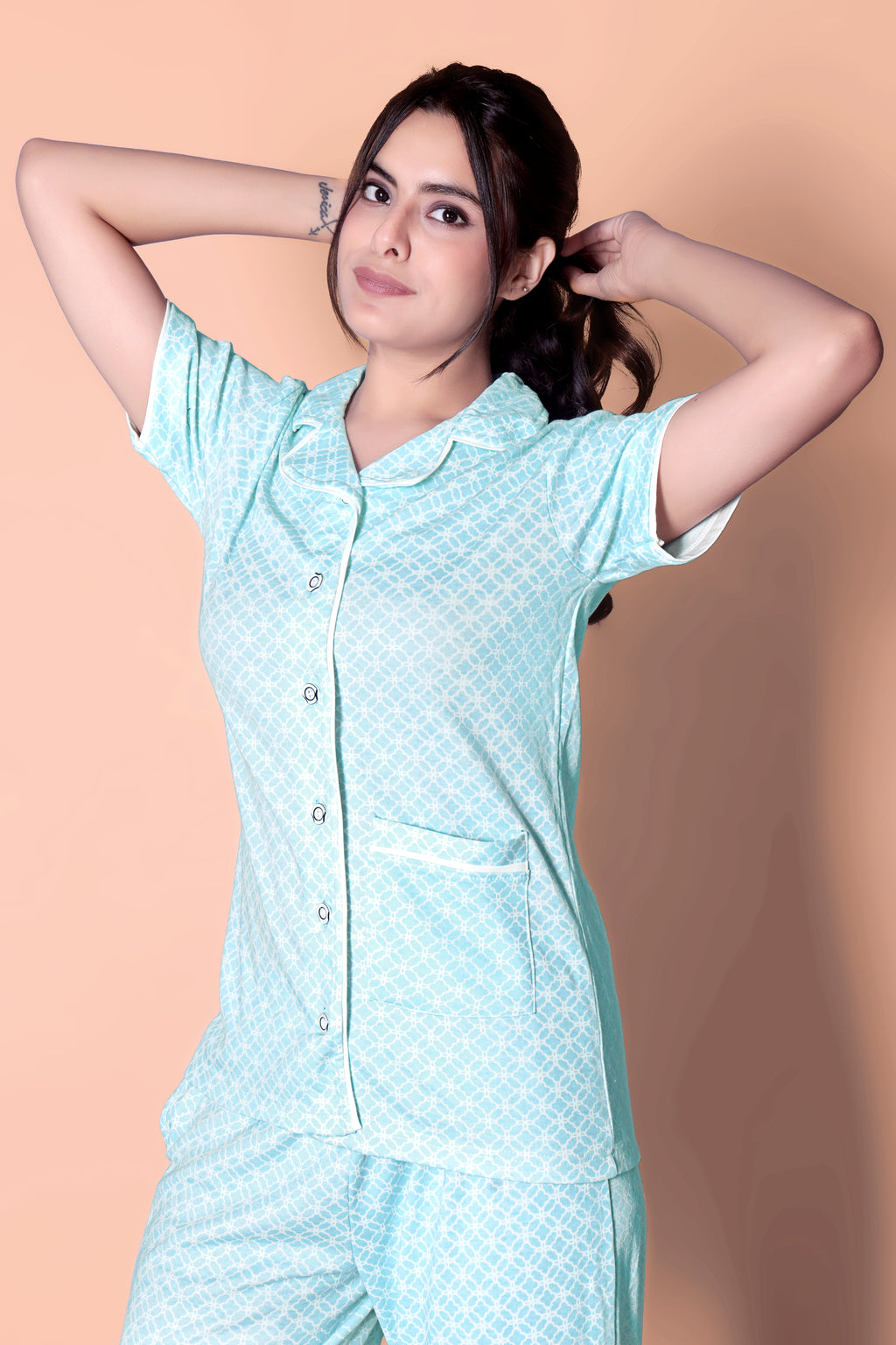 Sea green reverse moroccan tile print Button Down Night-Suit Set (MTF2v05)