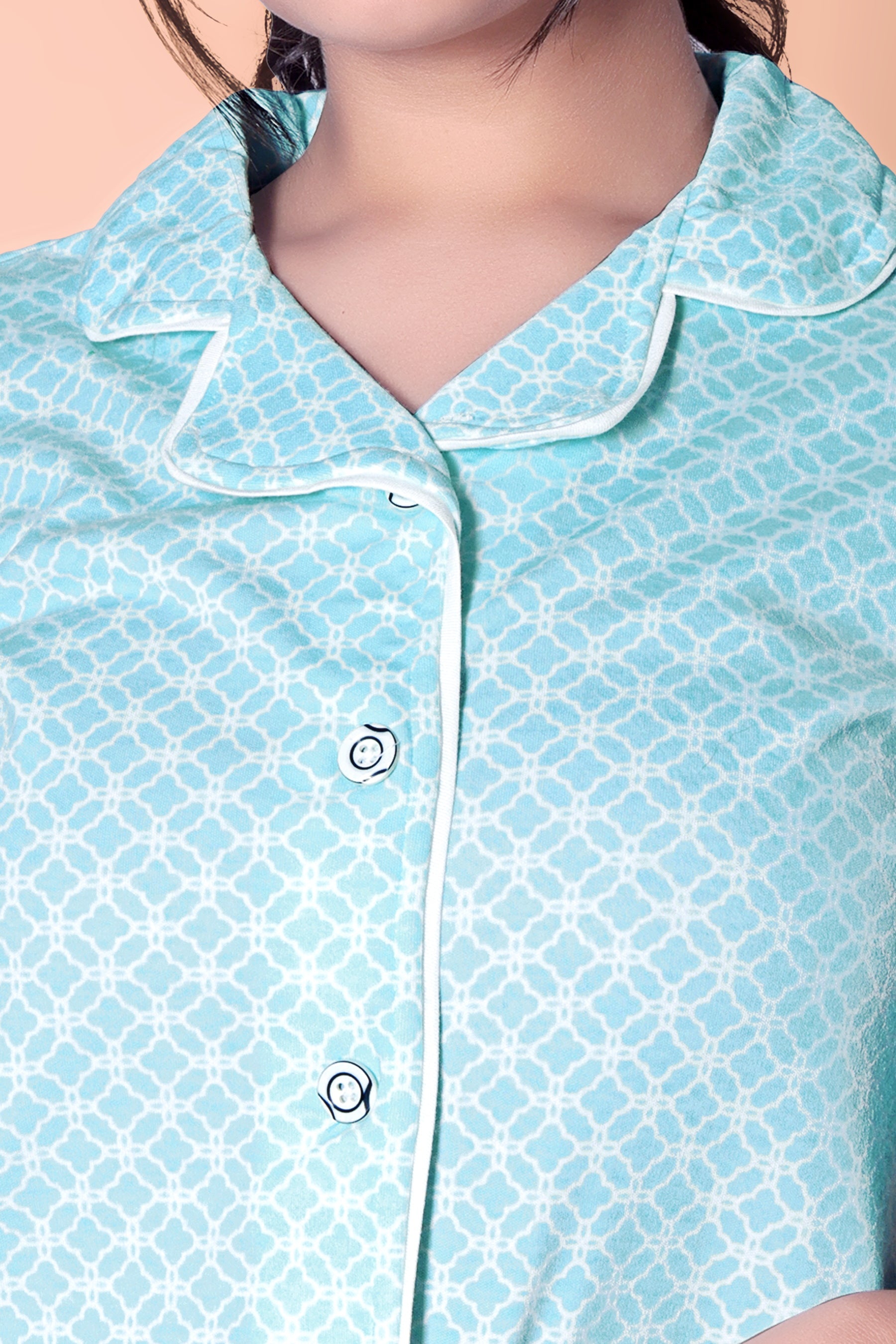 Sea green reverse moroccan tile print Button Down Night-Suit Set (MTF2v05)