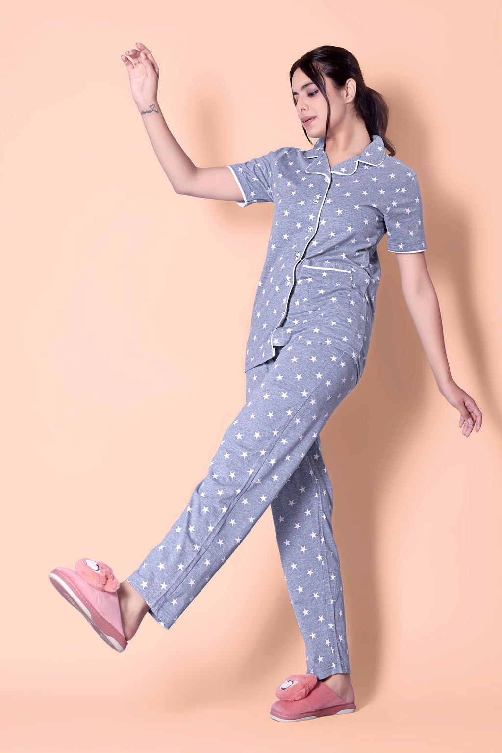 Grey Comet Star Print Button Down Night-Suit Set (MTF2v07)