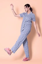 Grey Comet Star Print Button Down Night-Suit Set (MTF2v07)