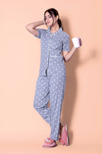 Grey Comet Star Print Button Down Night-Suit Set (MTF2v07)