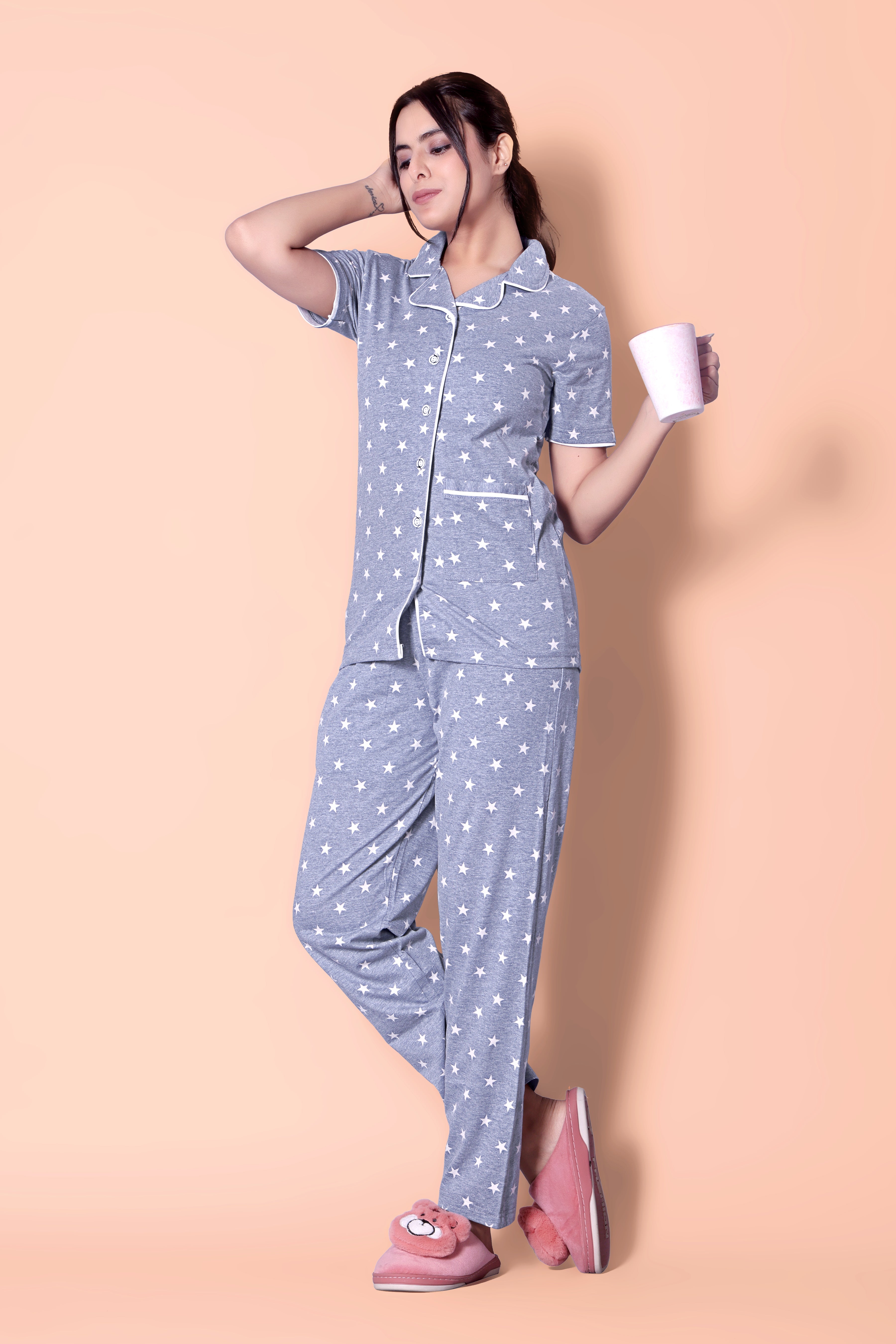 Grey Comet Star Print Button Down Night-Suit Set (MTF2v07)