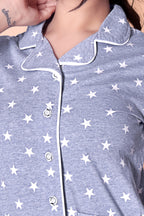Grey Comet Star Print Button Down Night-Suit Set (MTF2v07)