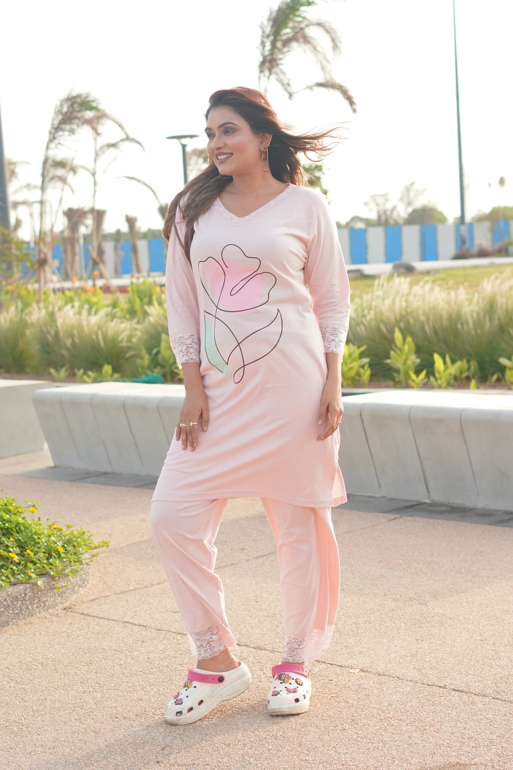 Peach “floral” Long Polo Lace Set | LPX05v09