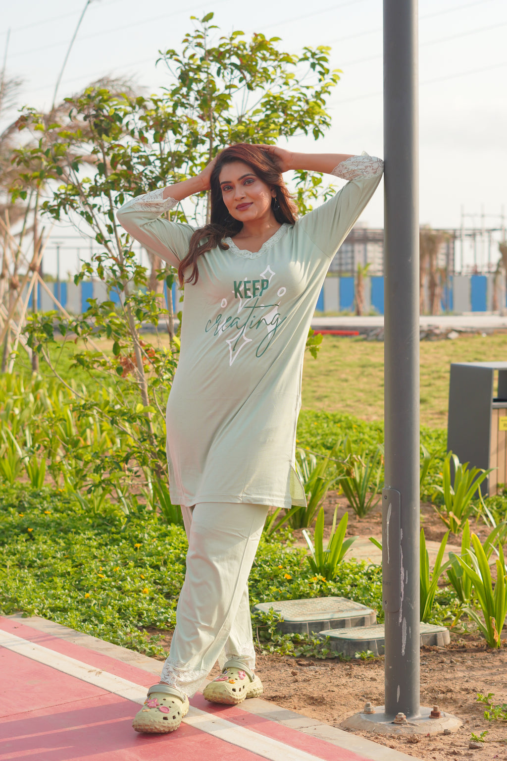 Olive-green “Keep creating” Long Polo Lace Set | LPX05v10