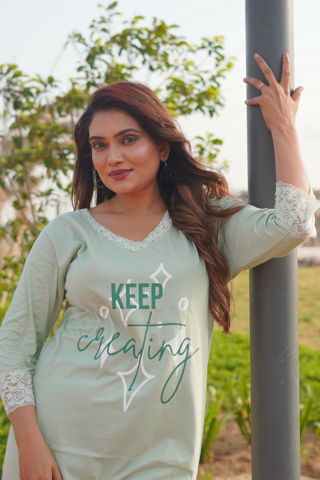Olive-green “Keep creating” Long Polo Lace Set | LPX05v10