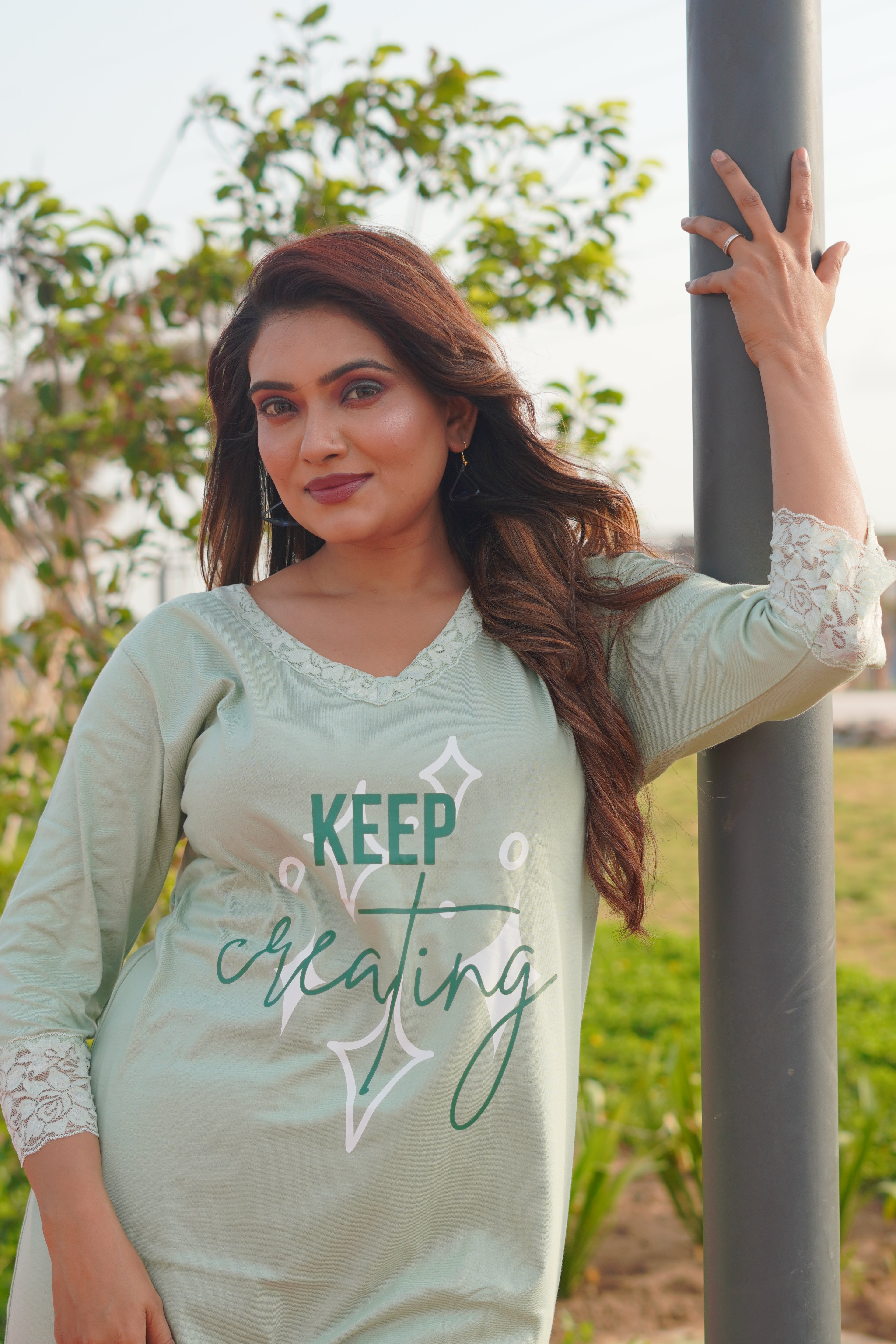 Olive-green “Keep creating” Long Polo Lace Set | LPX05v10