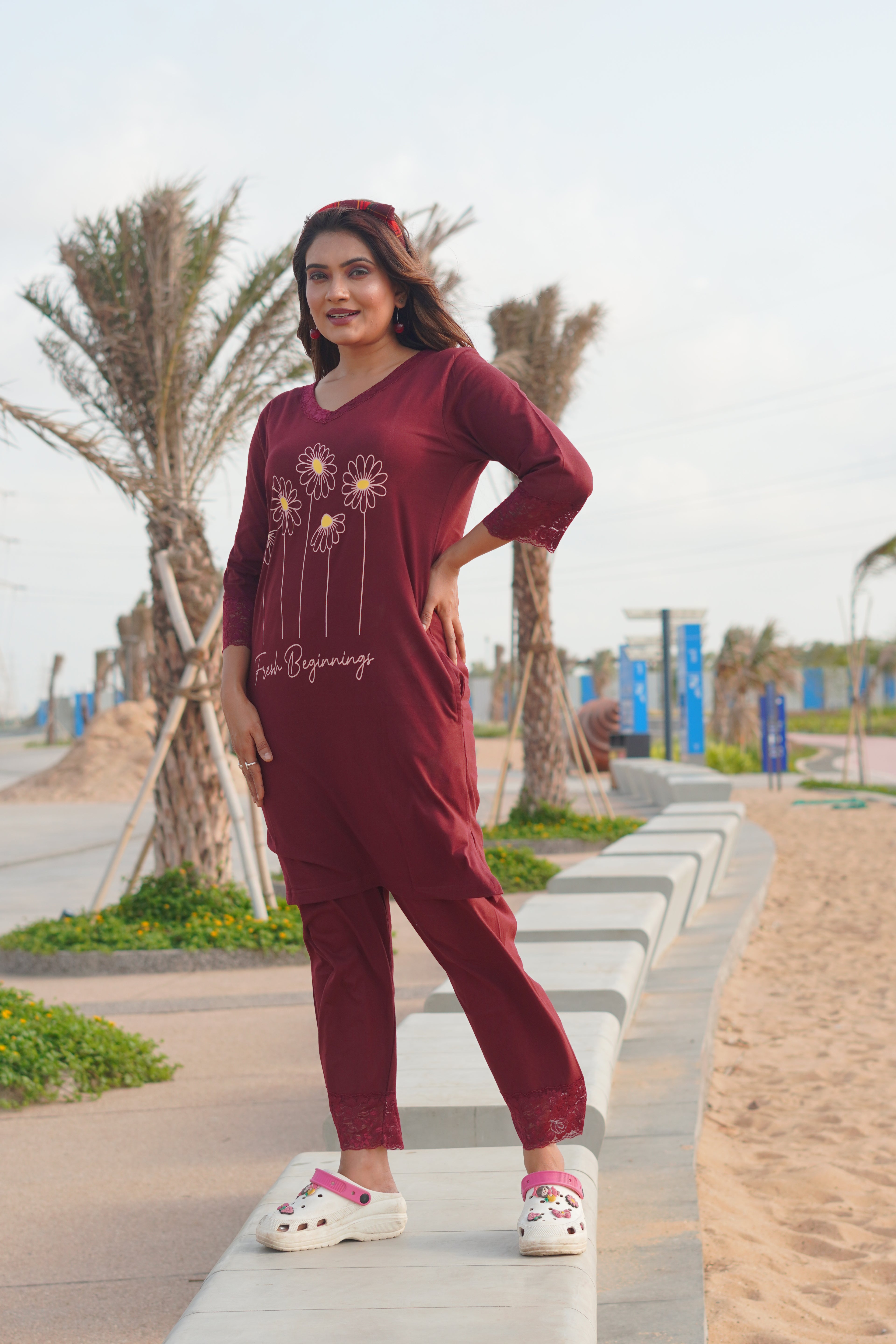 Maroon “Fresh Beginnings” Long Tee's Polo Lace Set | LPX05v08
