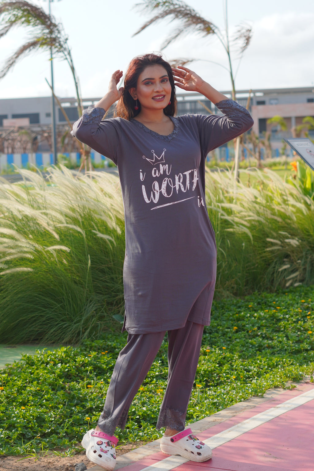 Dark Grey “Worth it” Long Tee's Polo Lace Set | LPX05v07