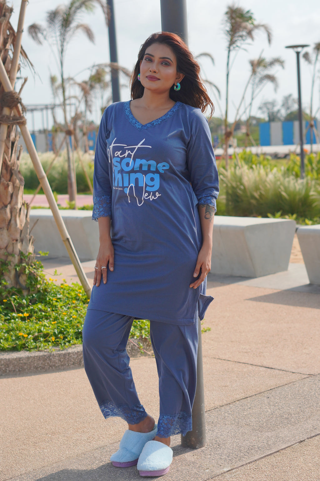 Dark Blue “Start Something New” Long Tee's Polo Lace Set | LPX05v06