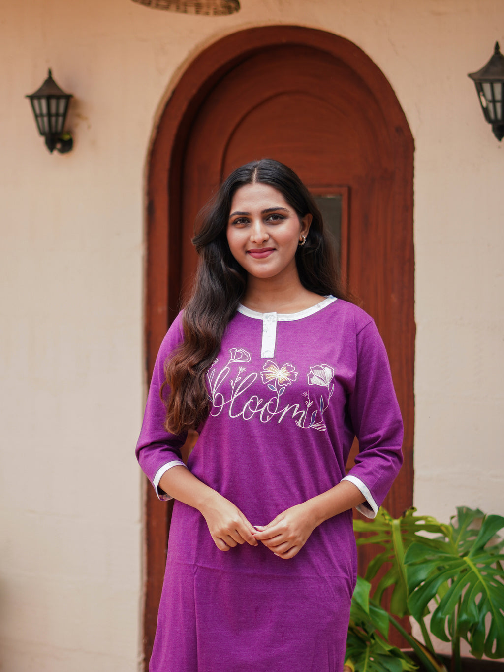 Maroon "Bloom" Cotton Long T-Shirt Pyjama Set | LP06v04