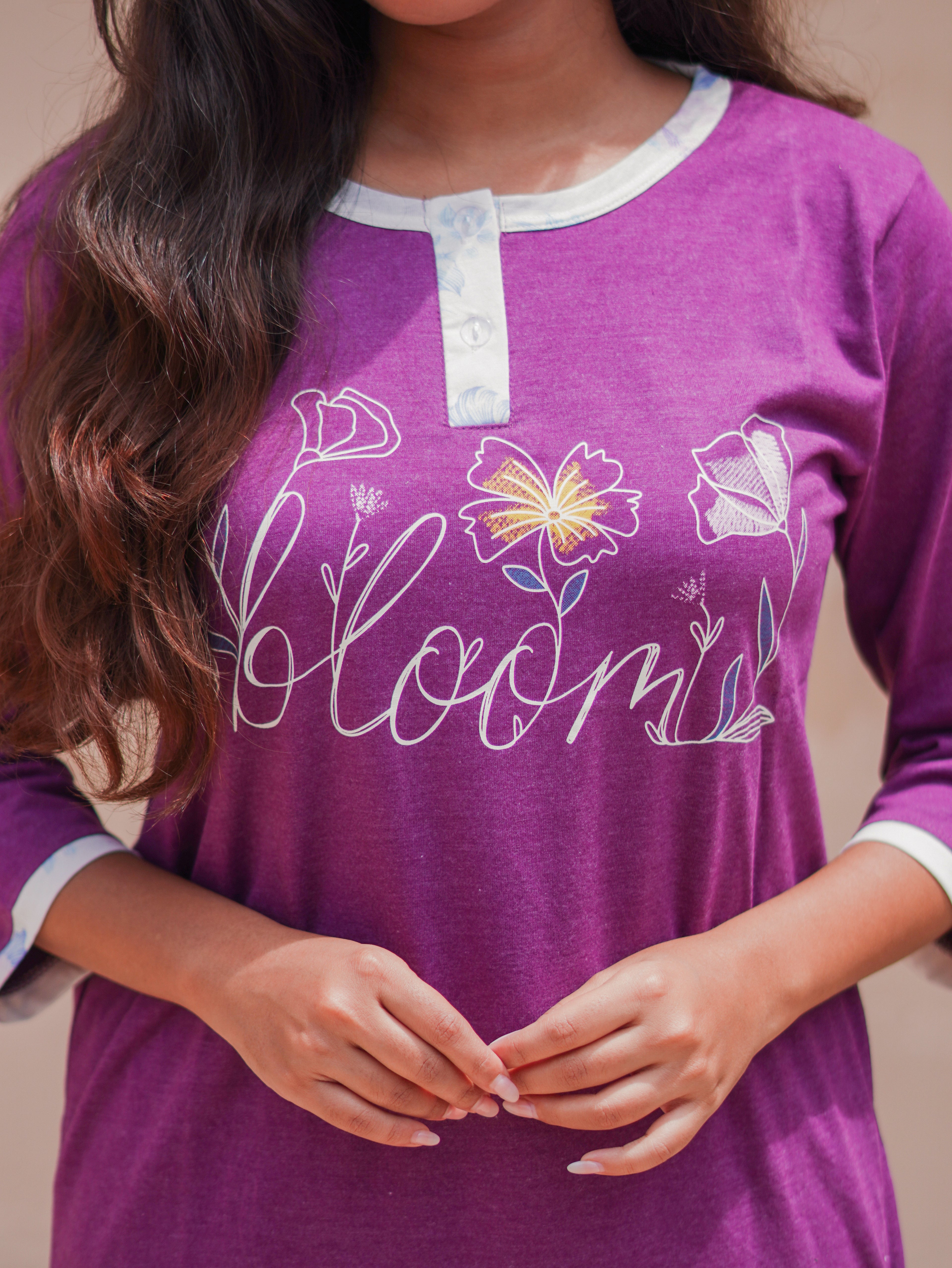 Maroon "Bloom" Cotton Long T-Shirt Pyjama Set | LP06v04