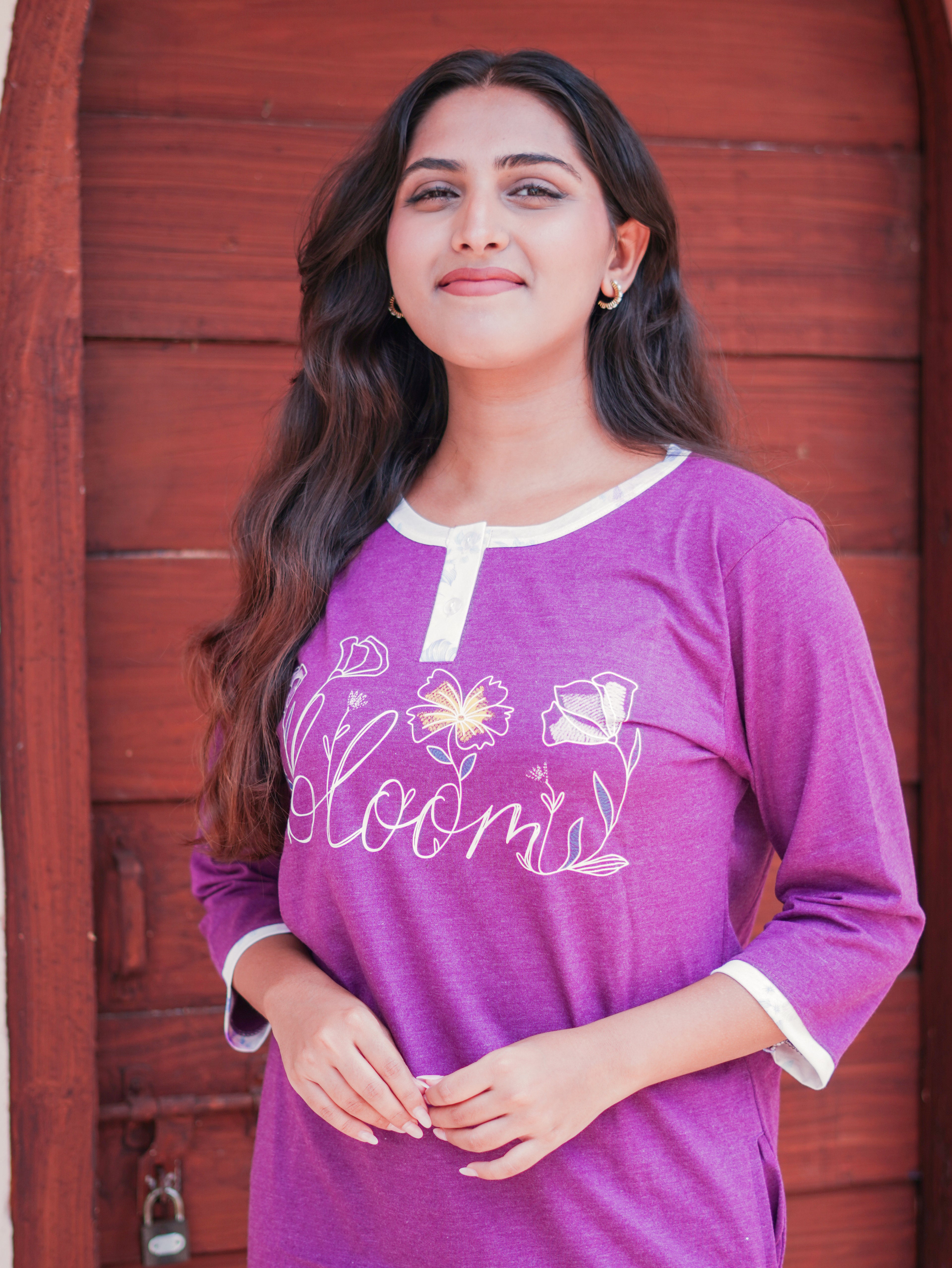 Maroon "Bloom" Cotton Long T-Shirt Pyjama Set | LP06v04
