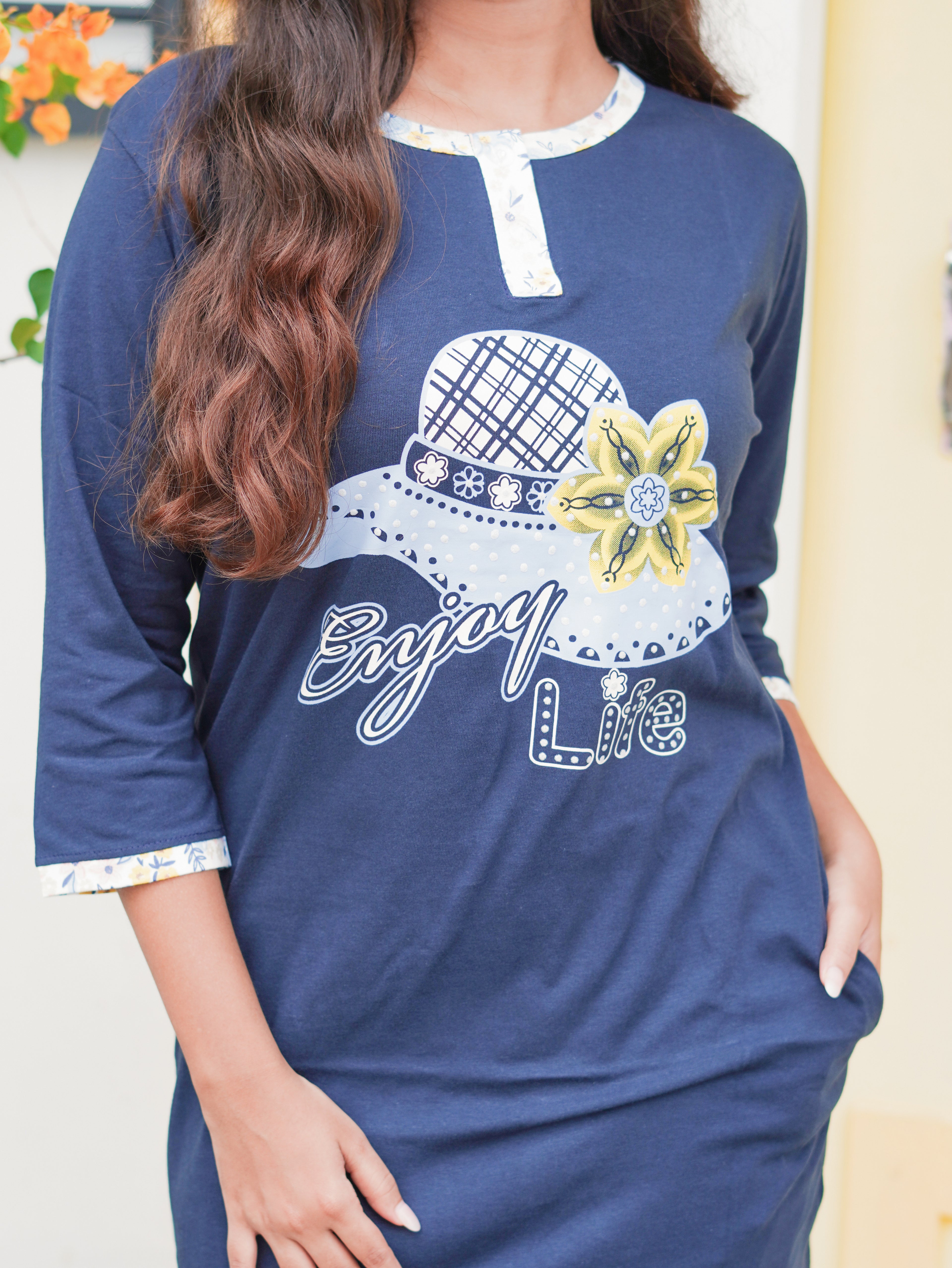 Dark Blue "Enjoy" Cotton Long T-Shirt Pyjama Set | LP06v08