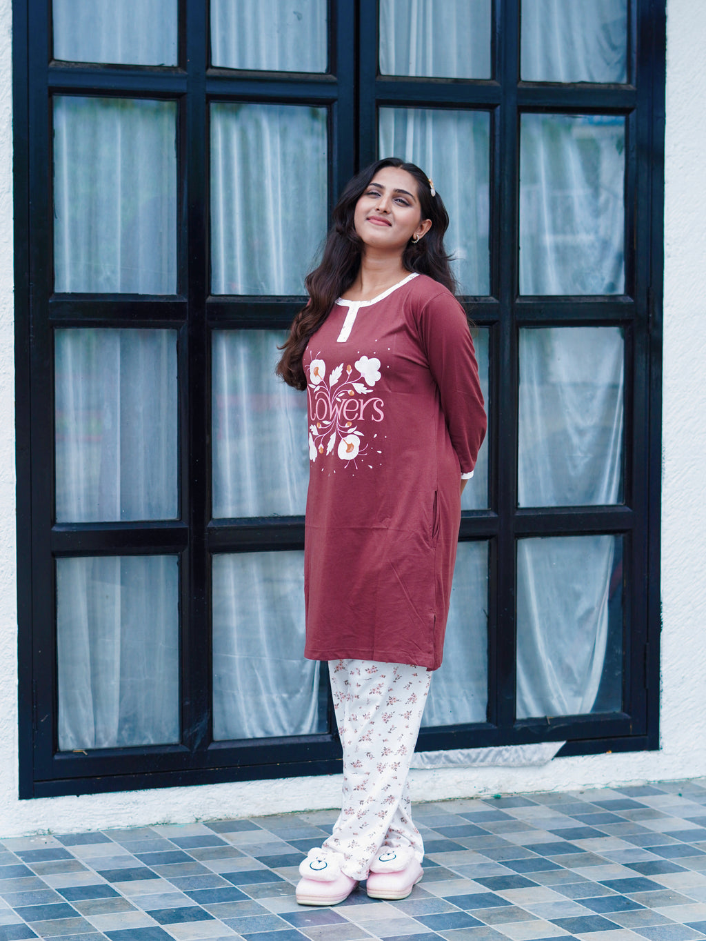 Brown Sugar "Flower" Cotton Long T-Shirt Pyjama Set | LP06v10