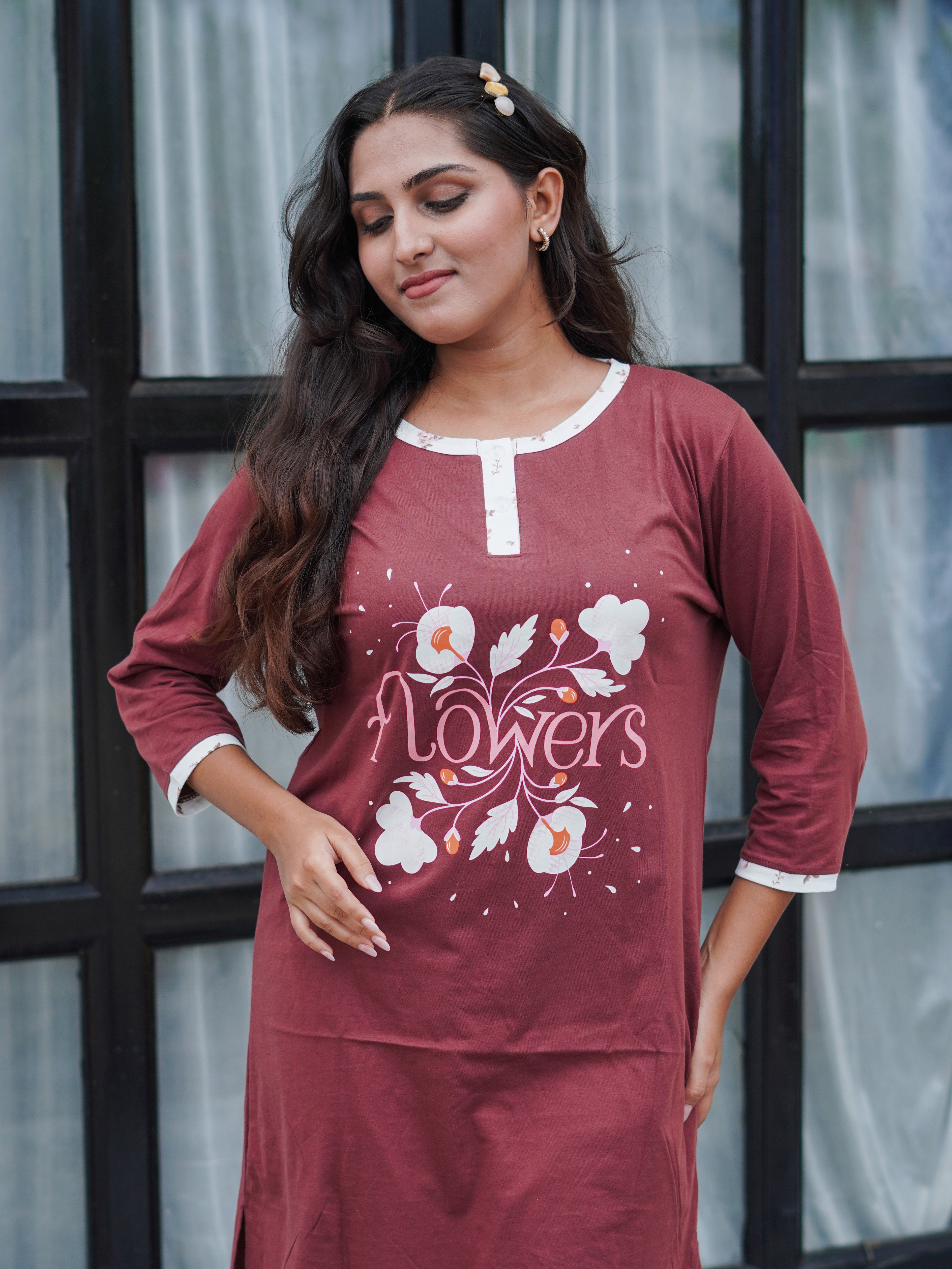 Brown Sugar "Flower" Cotton Long T-Shirt Pyjama Set | LP06v10