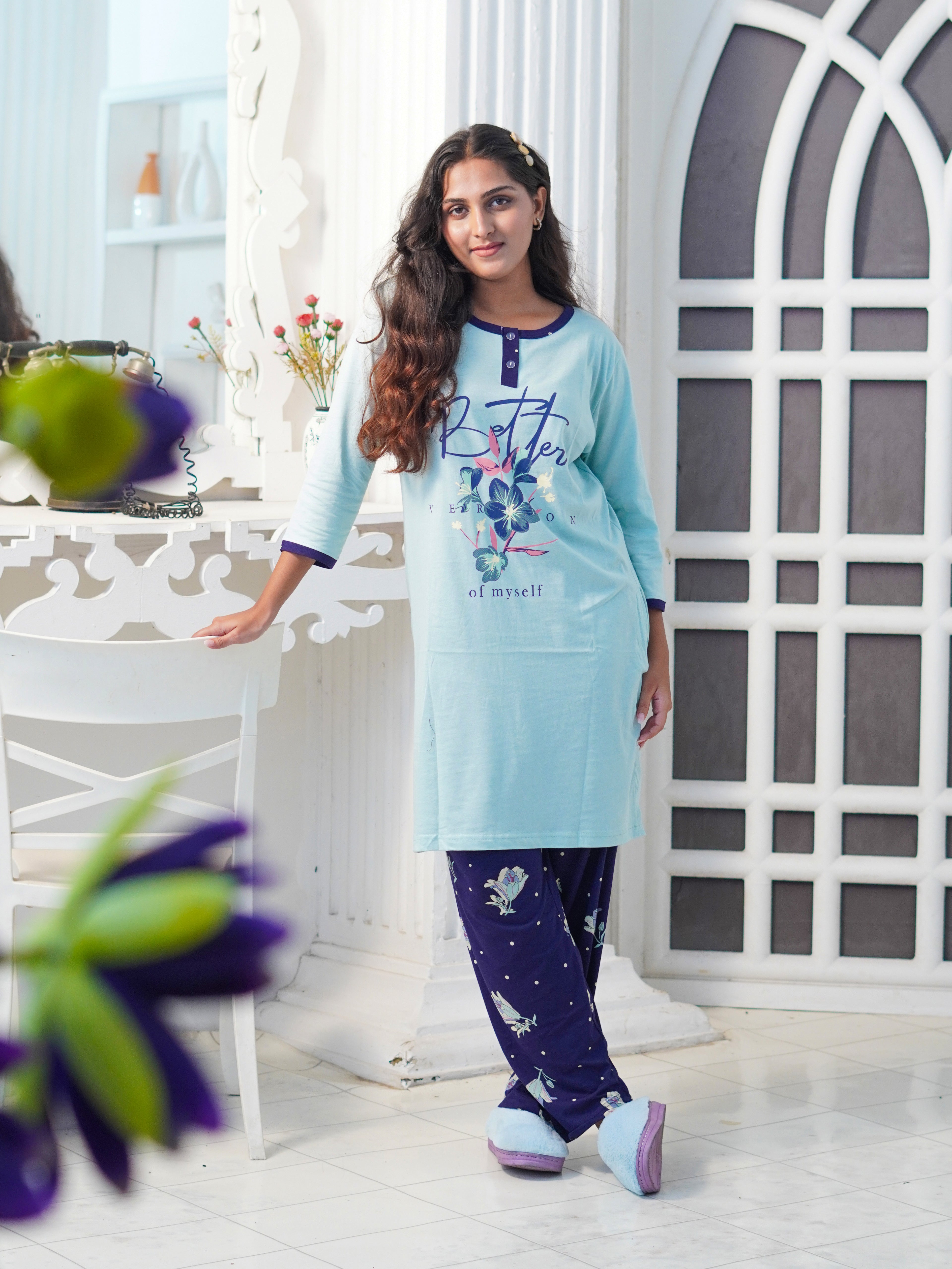 Elite Sea Green "Better" Cotton Long T-Shirt Pyjama Set | LP06v07