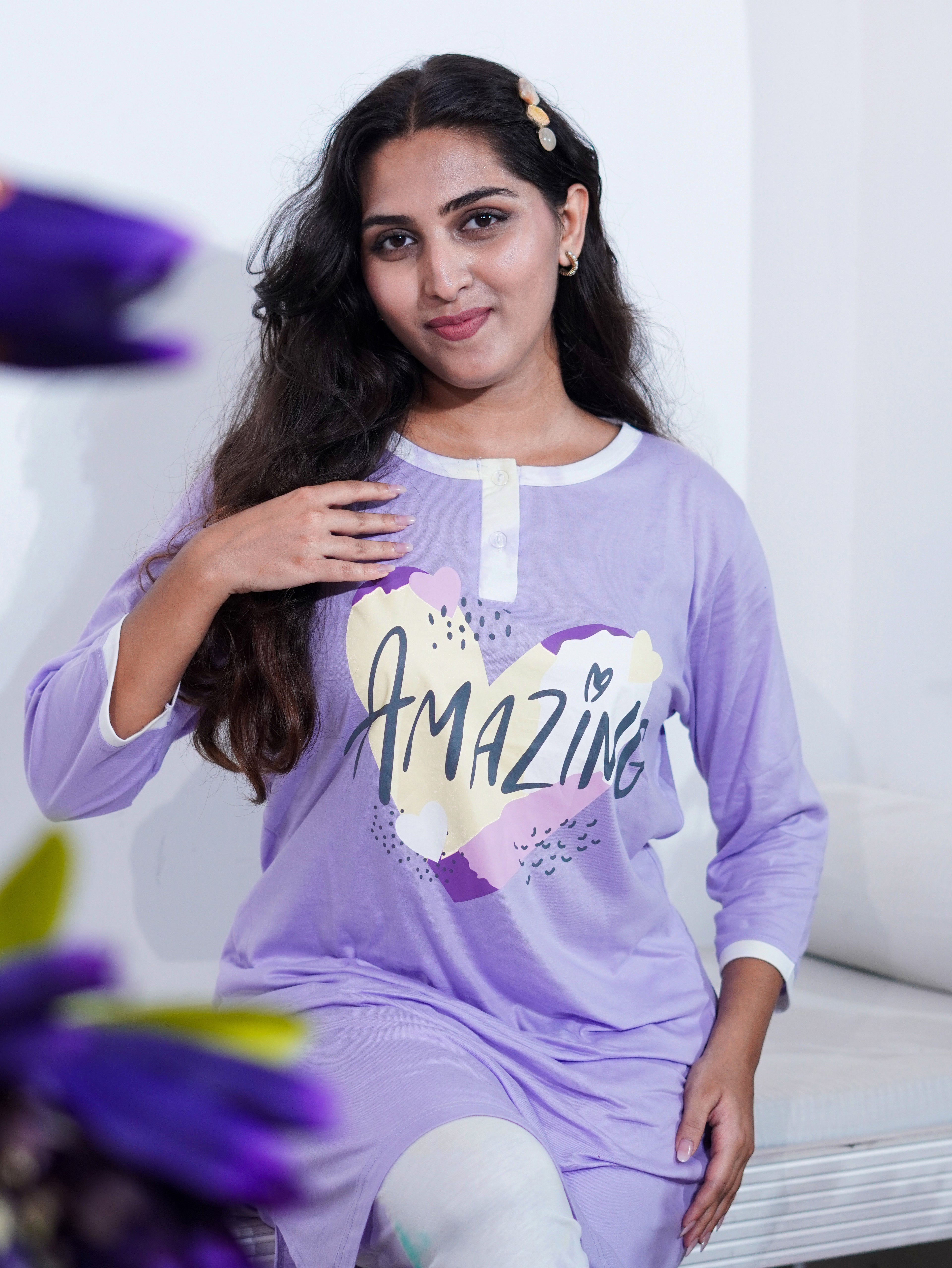 Elite Lavender "Amazing" Cotton Long T-Shirt Pyjama Set | LP06v08