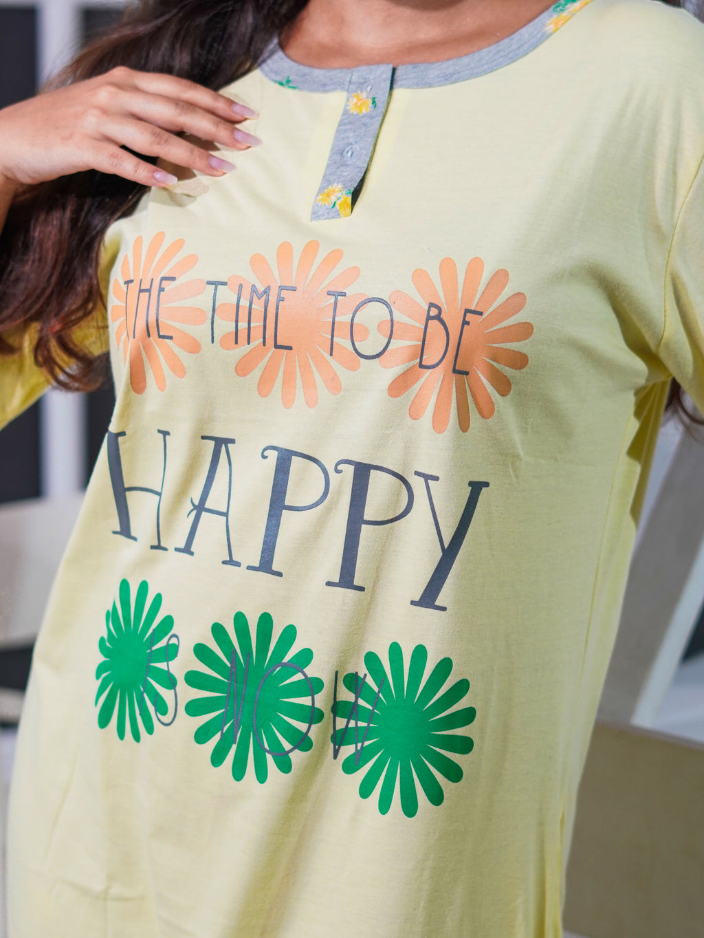 Yellow "Happy" Cotton Long T-Shirt Pyjama Set | LP06v03