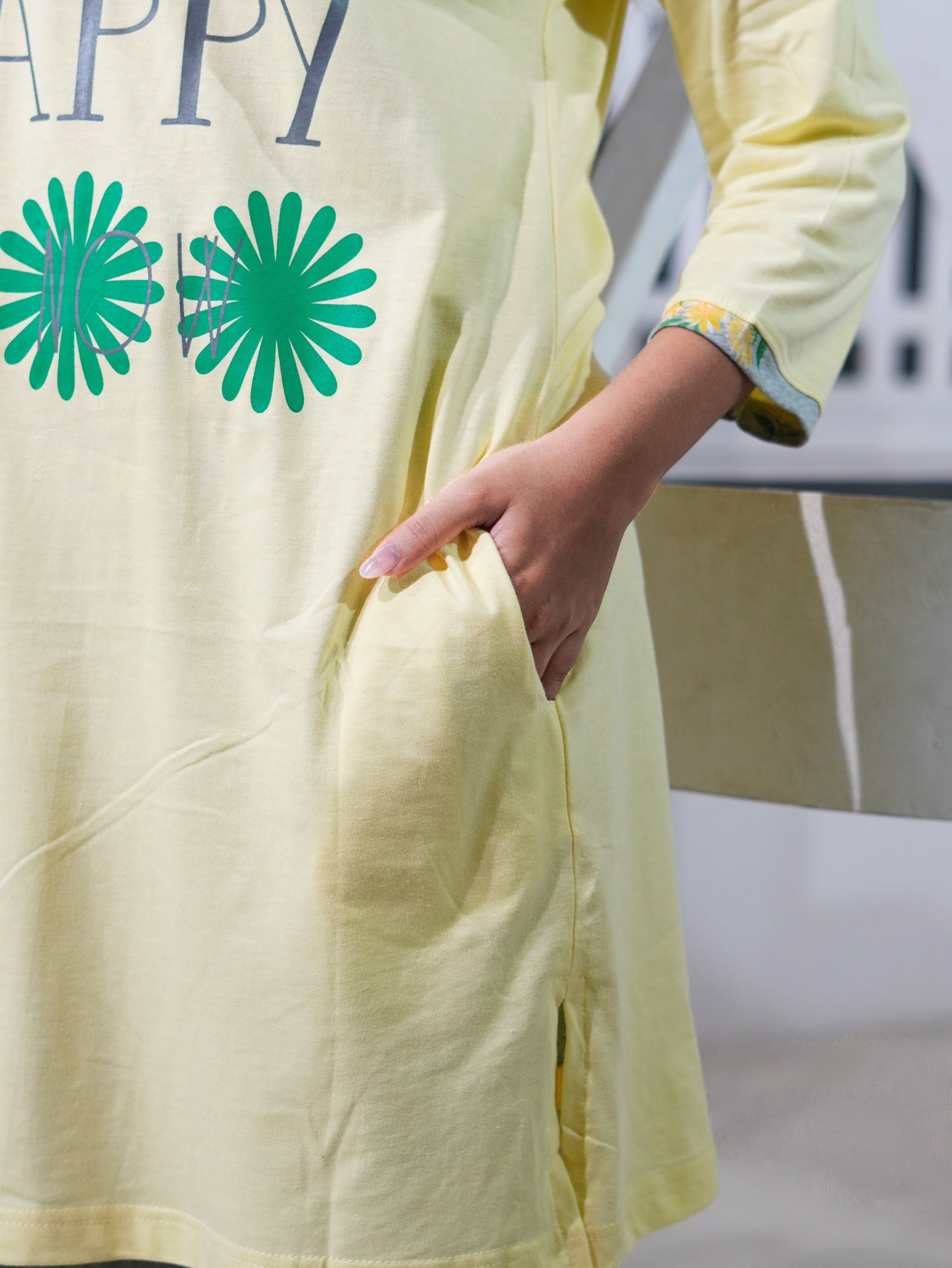 Yellow "Happy" Cotton Long T-Shirt Pyjama Set | LP06v03