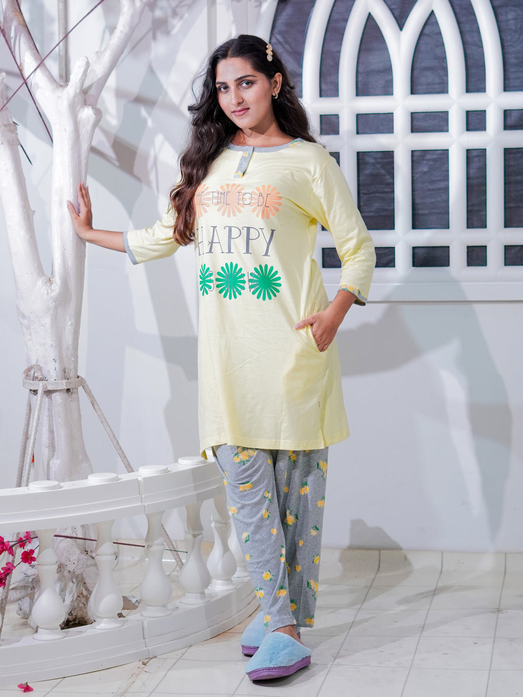 Yellow "Happy" Cotton Long T-Shirt Pyjama Set | LP06v03