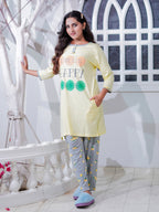 Yellow "Happy" Cotton Long T-Shirt Pyjama Set | LP06v03