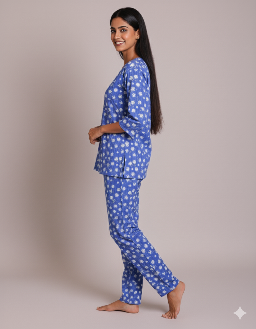 Blue-White Daisy Floral Print Pyjama Set (CS1v11)