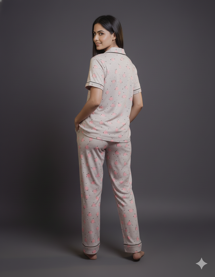 Cadet Gray Pear Fruit design Button Down Night-Suit Set (MTF2v12)