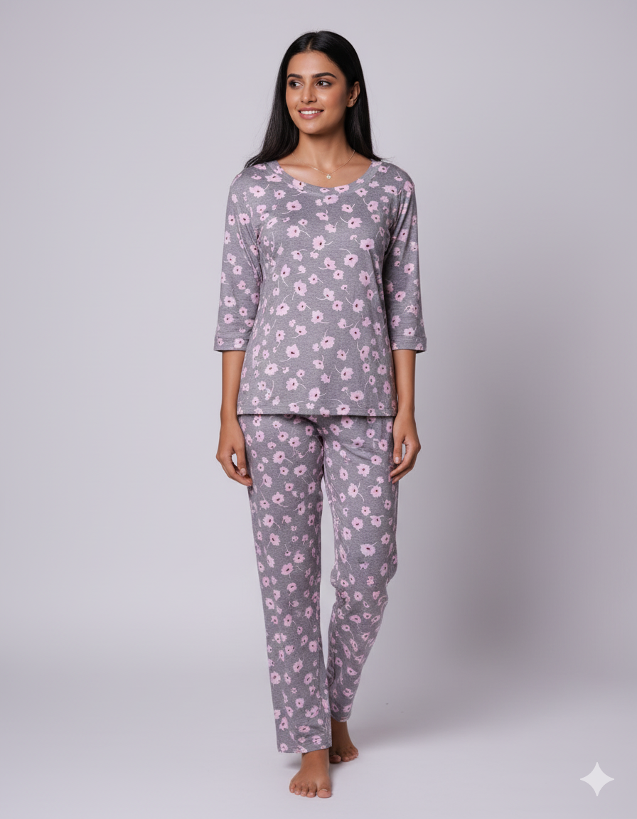 Grey & Pink Daisy Print Pyjama Set (CS1v01)