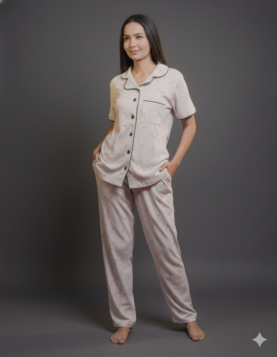 Cadet Gray Pear Fruit design Button Down Night-Suit Set (MTF2v12)