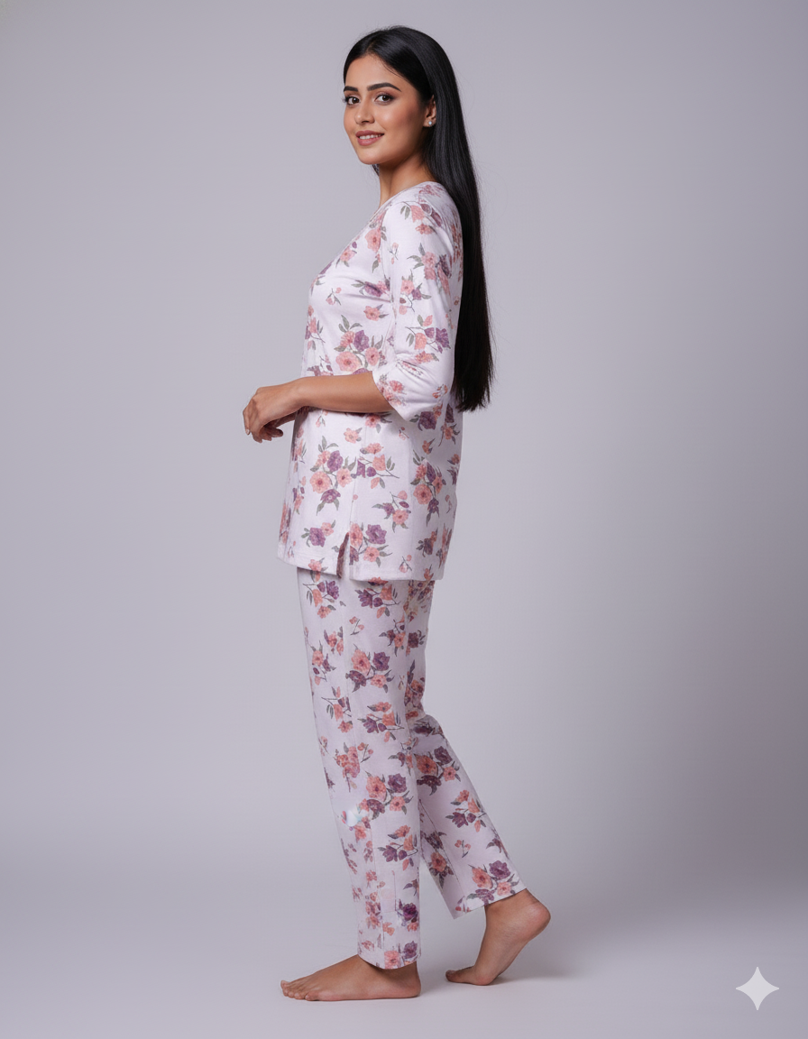 Flower Bunch White-Maroon Pyjama Set (CS1v08)