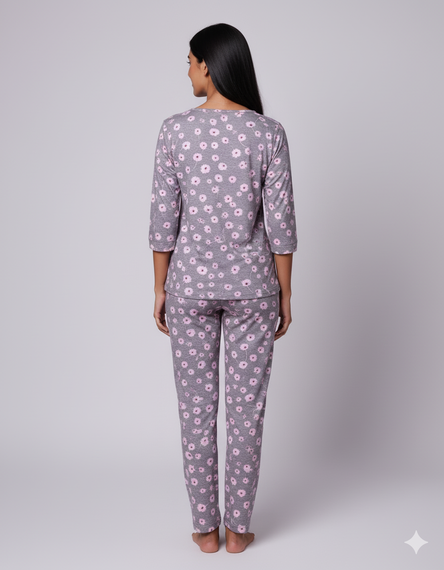 Grey & Pink Daisy Print Pyjama Set (CS1v01)