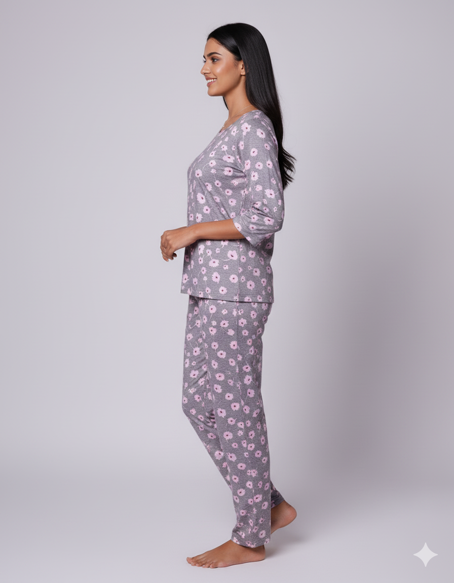 Grey & Pink Daisy Print Pyjama Set (CS1v01)